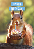 Close-up of a charming red squirrel holding a small, frosted chocolate cupcake with sprinkles and a lit blue candle, set against a blurred green background. Above the squirrel, blue banners read 'HAPPY BIRTHDAY!'. Perfect for a fun, animal-themed celebratory greeting card.