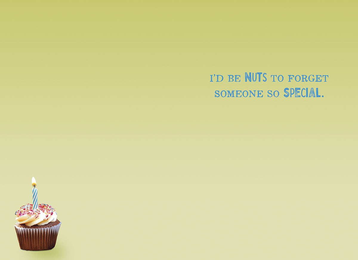 Interior view of a light green greeting card featuring a small cupcake with a lit candle in the bottom left corner and the humorous text 'I'D BE NUTS TO FORGET SOMEONE SO SPECIAL.' in the center right, on a clean, light background. Ideal for conveying lighthearted wishes.
