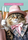 Sophisticated cat wearing a pink fedora, plaid jacket, and pink bow tie, holding a champagne flute. Front of a celebratory greeting card for adults, with text 'A LITTLE BIT OLDER...' perfect for a special milestone.
