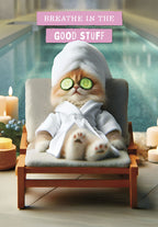 Cute ginger cat in a white spa robe and towel turban, with cucumber slices on its eyes, relaxing on a mini lounge chair by a pool with candles. Text on card reads 'BREATHE IN THE GOOD STUFF'.