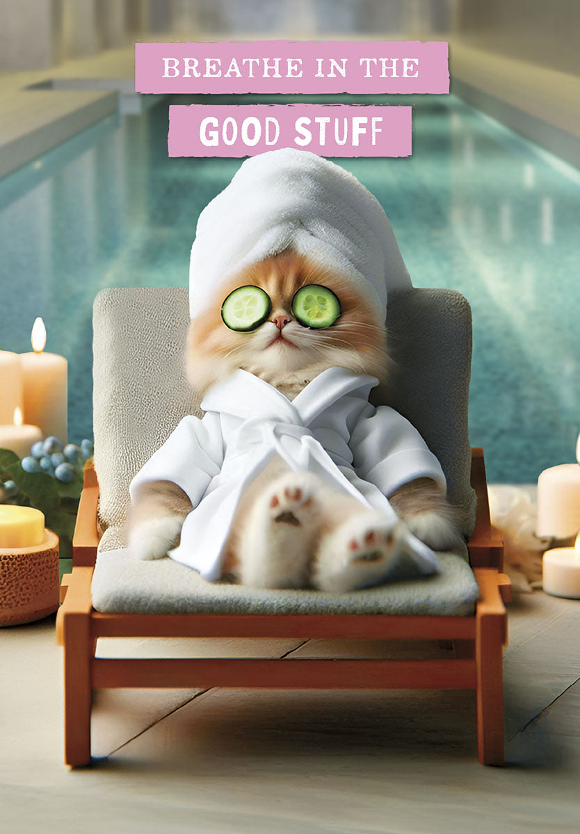 Adorable cat in spa robe with cucumber eye mask, relaxing poolside. Perfect for a pampering birthday greeting.
