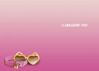 A pink dog collar with a gold bell and matching yellow heart-shaped sunglasses resting on a pink gradient background. The card's inside message "I LABRADORE YOU!" is visible.