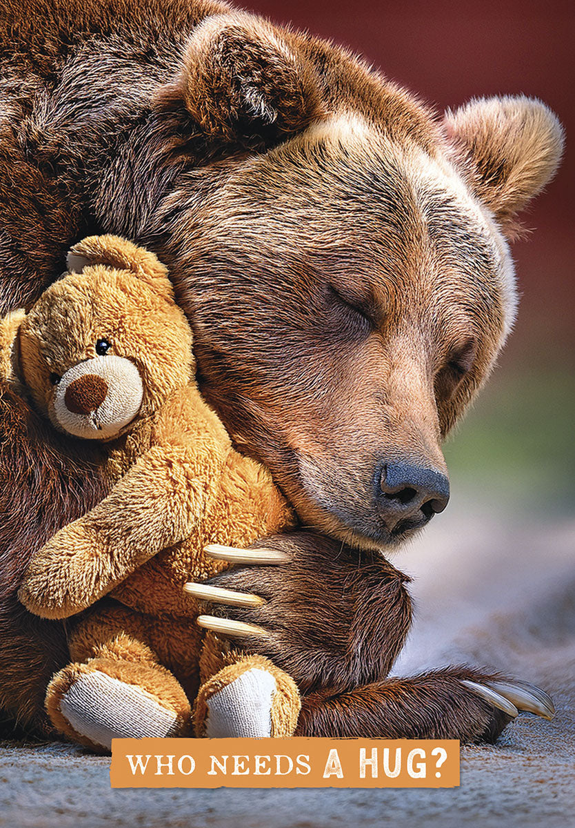 SEO optimized image of a majestic brown bear tenderly hugging a small, classic teddy bear, conveying deep comfort and emotional support. The caption 'WHO NEEDS A HUG?' appears below, emphasizing empathy and care for a friend or loved one during challenging times.