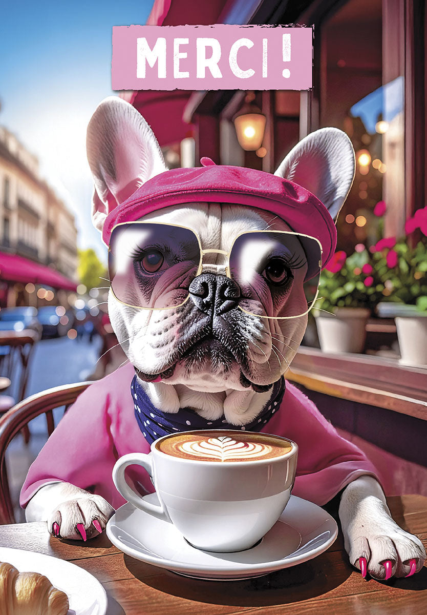 Cute French Bulldog in pink beret and sunglasses, sitting at a cafe table with a latte and croissant, with 'MERCI!' text on a pink banner. Thank you card design.