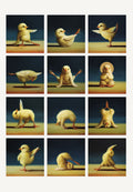 Collection of twelve adorable baby chicks depicted in various detailed and whimsical yoga poses, including balance, stretch, and meditation, on a gradient background.