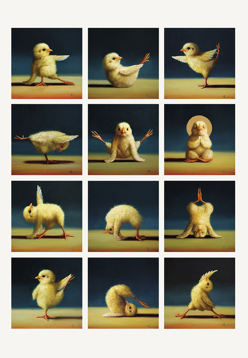 Collection of twelve adorable baby chicks depicted in various detailed and whimsical yoga poses, including balance, stretch, and meditation, on a gradient background.
