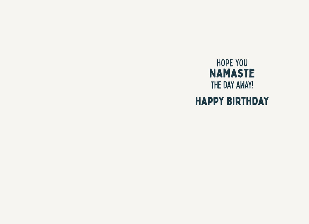 Open greeting card interior revealing the playful message 'HOPE YOU NAMASTE THE DAY AWAY! HAPPY BIRTHDAY' in clear, dark blue typography on a clean, light grey background.
