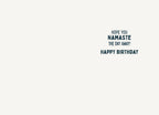 Open greeting card interior revealing the playful message 'HOPE YOU NAMASTE THE DAY AWAY! HAPPY BIRTHDAY' in clear, dark blue typography on a clean, light grey background.