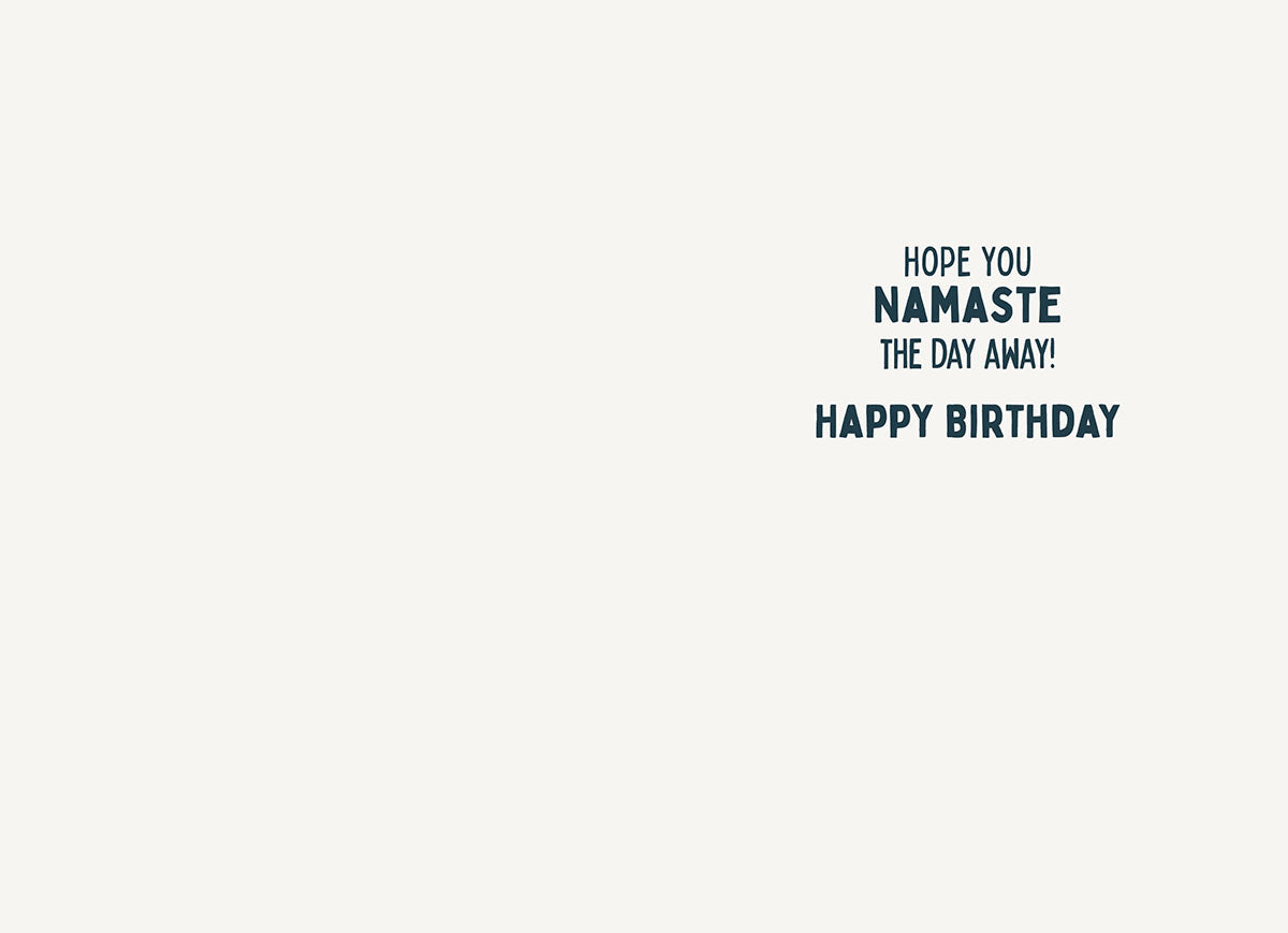 Open greeting card interior revealing the playful message 'HOPE YOU NAMASTE THE DAY AWAY! HAPPY BIRTHDAY' in clear, dark blue typography on a clean, light grey background.