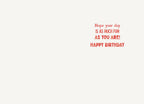 Inside of a white greeting card with a pre-printed red message reading 'Hope your day IS AS MUCH FUN AS YOU ARE! HAPPY BIRTHDAY'. Plenty of empty space is provided for a personal handwritten note.