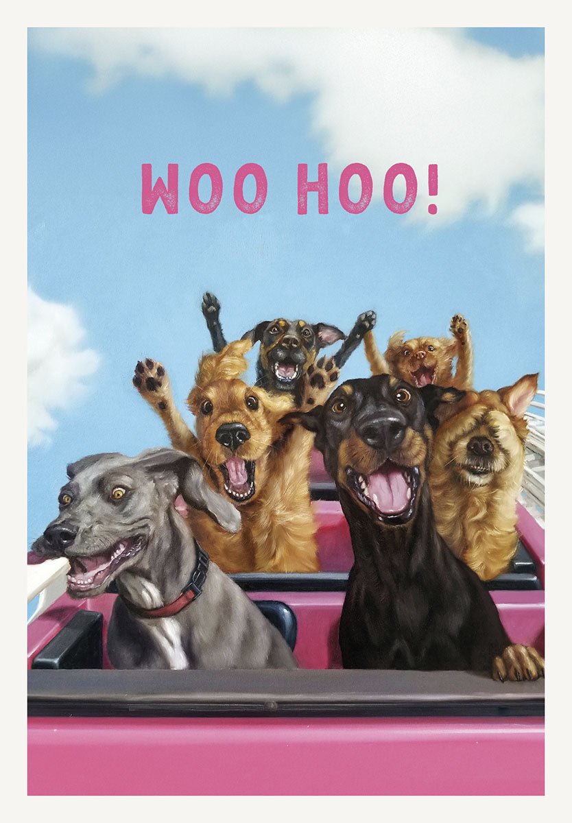Greeting card front featuring a pack of happy dogs joyfully riding a pink rollercoaster, with 'WOO HOO!' text against a bright blue sky, perfect for a fun celebration.