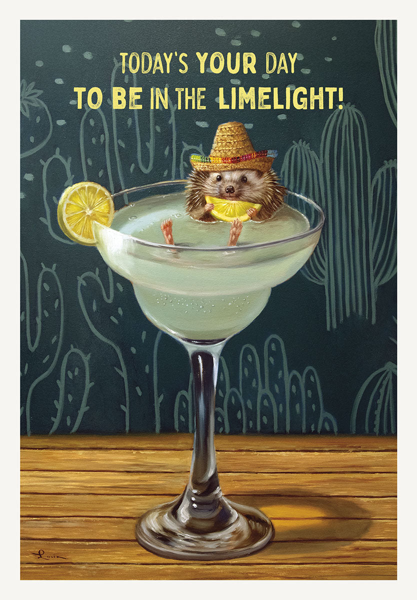 Funny lighthearted greeting card featuring a whimsical illustration of a cute hedgehog wearing a straw sombrero, relaxing in a green margarita glass with a lime slice, set against a dark teal background with white cactus patterns. The card's front reads: 'TODAY'S YOUR DAY TO BE IN THE LIMELIGHT!'. Ideal for celebrating a friend's special day.
