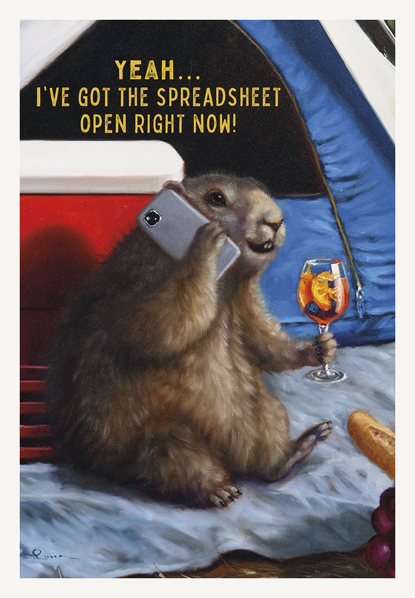 Humorous greeting card featuring a charming groundhog on a picnic blanket, balancing a phone call about a spreadsheet with a refreshing cocktail. Perfect funny card for friends who juggle work and relaxation.