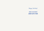 Inside of a funny birthday card with blue text reading 'Happy Birthday! AVOID ADULTHOOD AND HAVE FUN!'. Ideal for a lighthearted celebration.