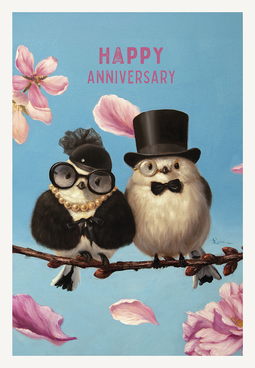 Romantic anniversary card featuring two elegantly dressed birds, a male in a top hat and a female in pearls, sitting on a branch with pink petals, 'Happy Anniversary' text.