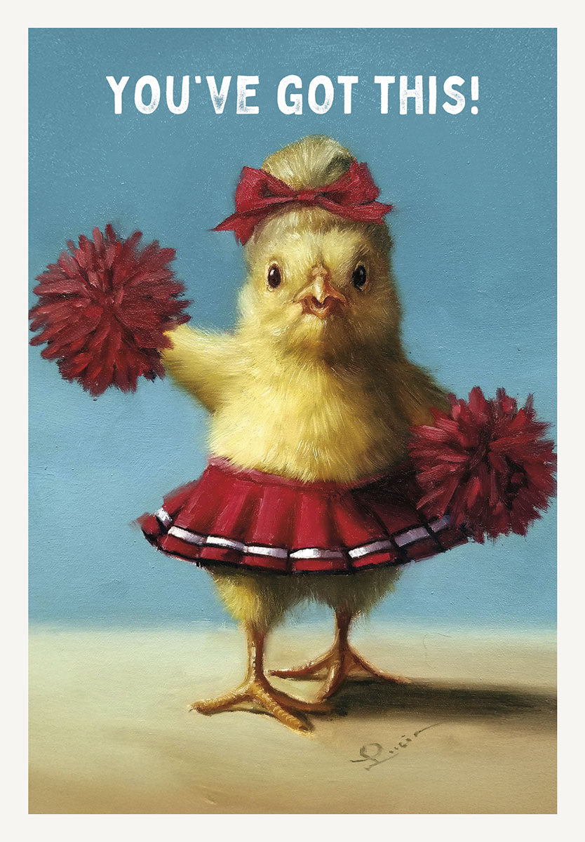 Front of an encouragement greeting card featuring an adorable baby chick dressed as a cheerleader with red pom-poms and a skirt, set against a blue background with the text "YOU'VE GOT THIS!"