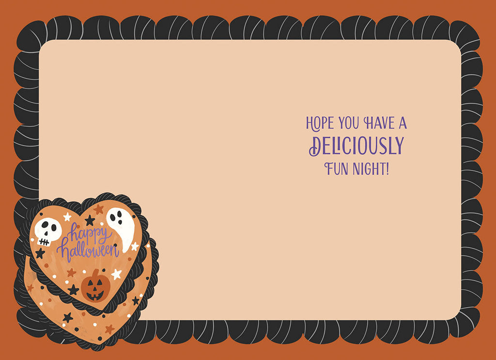Inside of a cute Halloween card with a border, featuring the message 'HOPE YOU HAVE A DELICIOUSLY FUN NIGHT!' and a small replica of the heart-shaped cake design.