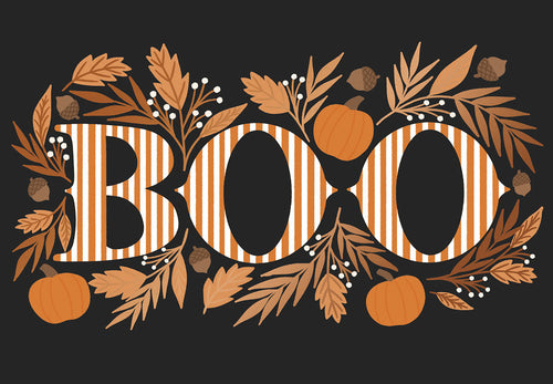 Front of a black Halloween greeting card with large white striped "BOO" text, adorned with autumn leaves, orange pumpkins, and acorns, perfect for friends.