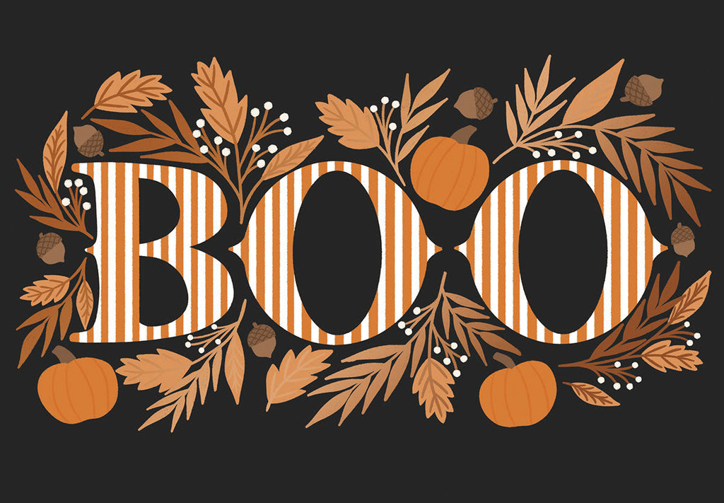 Front of a black Halloween greeting card with large white striped "BOO" text, adorned with autumn leaves, orange pumpkins, and acorns, perfect for friends.
