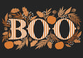 Front of a black Halloween greeting card with large white striped "BOO" text, adorned with autumn leaves, orange pumpkins, and acorns, perfect for friends.