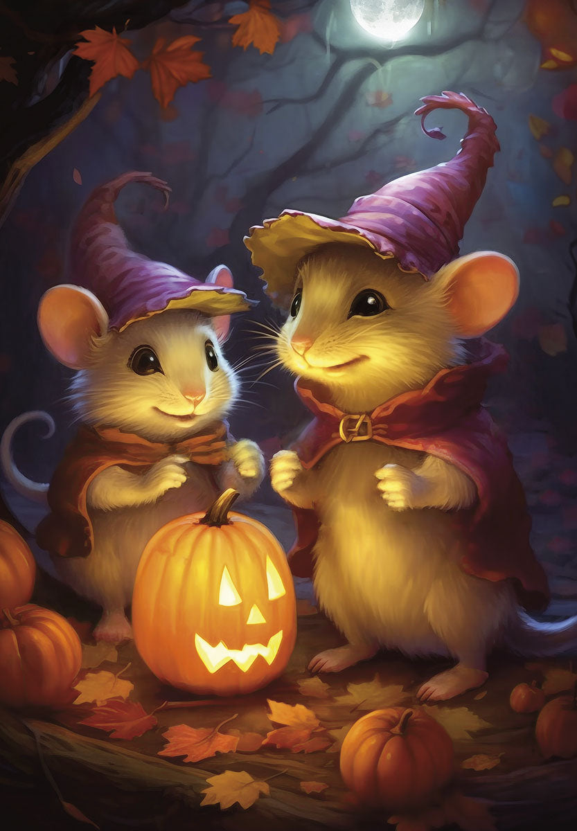 Two adorable wizard mice with pointed hats and cloaks standing next to a glowing jack-o'-lantern in a moonlit autumn forest scene, surrounded by fall leaves.