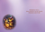 Interior view of a purple greeting card featuring a circular inset of two cute mice with a pumpkin, alongside the printed message 'WISHING YOU A HALLOWEEN FILLED WITH FRIENDS AND FUN!'.