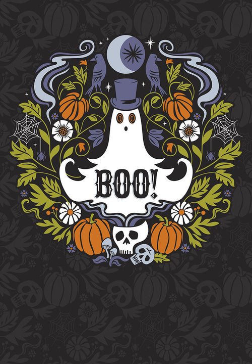 Whimsical Halloween greeting card front featuring a ghost in a top hat exclaiming 'BOO!', surrounded by orange pumpkins, spiderwebs, white and purple flowers, two blue birds, and a crescent moon, all against a dark background with subtle spooky patterns. Perfect for sending lighthearted wishes to a friend.