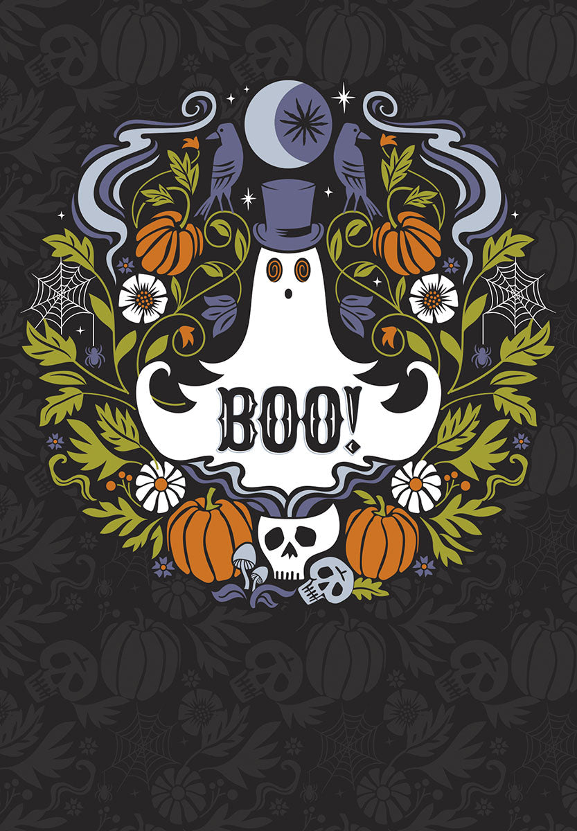 Whimsical Halloween greeting card front featuring a ghost in a top hat exclaiming 'BOO!', surrounded by orange pumpkins, spiderwebs, white and purple flowers, two blue birds, and a crescent moon, all against a dark background with subtle spooky patterns. Perfect for sending lighthearted wishes to a friend.