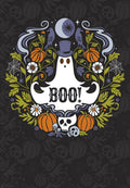 Whimsical Halloween greeting card front featuring a ghost in a top hat exclaiming 'BOO!', surrounded by orange pumpkins, spiderwebs, white and purple flowers, two blue birds, and a crescent moon, all against a dark background with subtle spooky patterns. Perfect for sending lighthearted wishes to a friend.