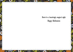 Inside view of a lighthearted Halloween greeting card for a friend, showing a blank white writing space on the left and a pre-printed message on the right: 'Here's to a hauntingly, magical night. Happy Halloween.' The card's edges are adorned with a border matching the front design of pumpkins, flowers, and spiderwebs.