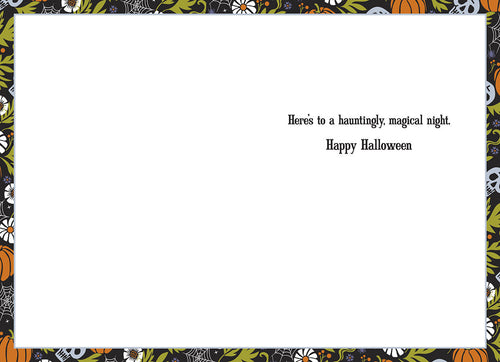 Inside view of a lighthearted Halloween greeting card for a friend, showing a blank white writing space on the left and a pre-printed message on the right: 'Here's to a hauntingly, magical night. Happy Halloween.' The card's edges are adorned with a border matching the front design of pumpkins, flowers, and spiderwebs.