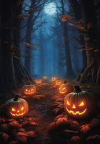 Spooky path in a moonlit forest with numerous glowing jack-o-lanterns, creating an eerie yet festive atmosphere, perfect for a themed greeting card.