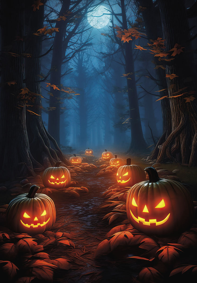 Spooky path in a moonlit forest with numerous glowing jack-o-lanterns, creating an eerie yet festive atmosphere, perfect for a themed greeting card.