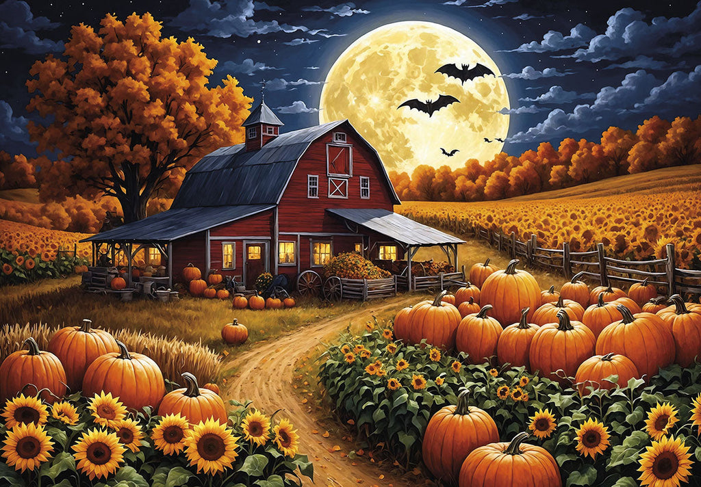 Scenic autumn night with a red barn, glowing windows, a giant full moon, flying bats, a vast pumpkin patch, and sunflowers under a star-filled sky, perfect for a festive season's greeting.
