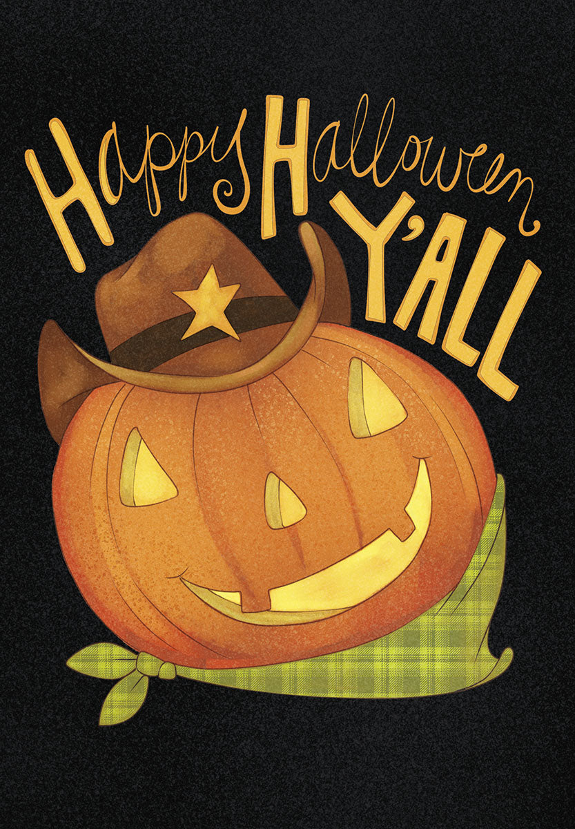 Front of a fun Western-themed greeting card for the spooky season, featuring a smiling jack-o'-lantern wearing a brown cowboy hat with a yellow star and a green plaid bandana. Text reads 'Happy Halloween Y'all' in an orange and yellow festive font.