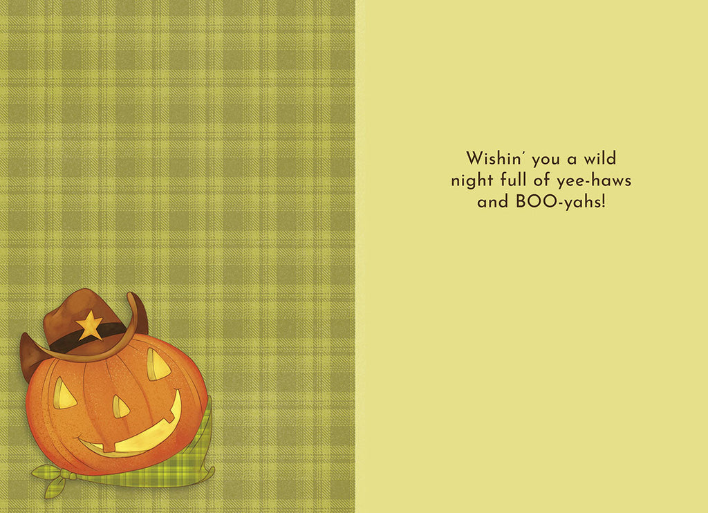 Inside view of a funny Western pumpkin greeting card with a light green plaid background. A small cowboy jack-o'-lantern is visible on the left side. The right side features the message 'Wishin' you a wild night full of yee-haws and BOO-yahs!' in brown text.