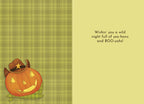 Inside view of a funny Western pumpkin greeting card with a light green plaid background. A small cowboy jack-o'-lantern is visible on the left side. The right side features the message 'Wishin' you a wild night full of yee-haws and BOO-yahs!' in brown text.