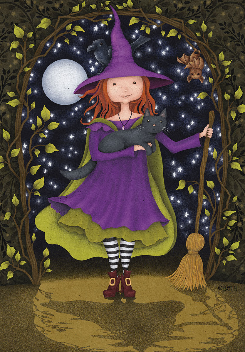 Cute red-haired witch in a purple dress and pointy hat holding a black cat, standing with a broom under a starry night sky with a full moon, bats, and a raven, surrounded by leafy arches.