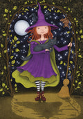 Cute red-haired witch in a purple dress and pointy hat holding a black cat, standing with a broom under a starry night sky with a full moon, bats, and a raven, surrounded by leafy arches.