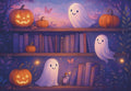 Cute illustration of two friendly white ghosts smiling alongside glowing jack-o'-lanterns and small pumpkins on wooden bookshelves filled with books, set against a purple and pink twilight sky with butterflies, perfect for a whimsical autumn or spooky season greeting card.