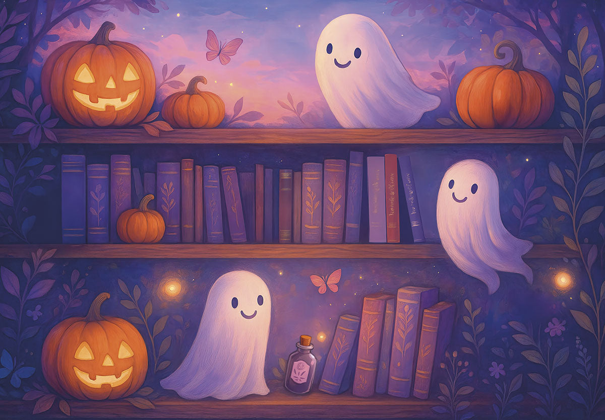 Cute illustration of two friendly white ghosts smiling alongside glowing jack-o'-lanterns and small pumpkins on wooden bookshelves filled with books, set against a purple and pink twilight sky with butterflies, perfect for a whimsical autumn or spooky season greeting card.