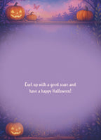 Inside of a cute greeting card featuring a simple purple background with leafy borders, containing the printed message 'Curl up with a good scare and have a happy Halloween!' and a glowing jack-o'-lantern at the bottom, matching the whimsical design.