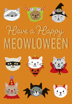 Cute cat Halloween greeting card featuring nine cartoon cats in various costumes like witch, mummy, vampire, and bat, with 'Have a Happy MEOWLOWEEN' text on an orange background.