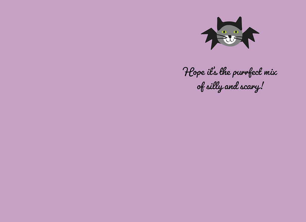 Inside of a funny Halloween card with a small bat cat illustration and the message 'Hope it's the purrfect mix of silly and scary!' on a light purple background.