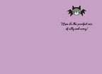 Inside of a funny Halloween card with a small bat cat illustration and the message 'Hope it's the purrfect mix of silly and scary!' on a light purple background.