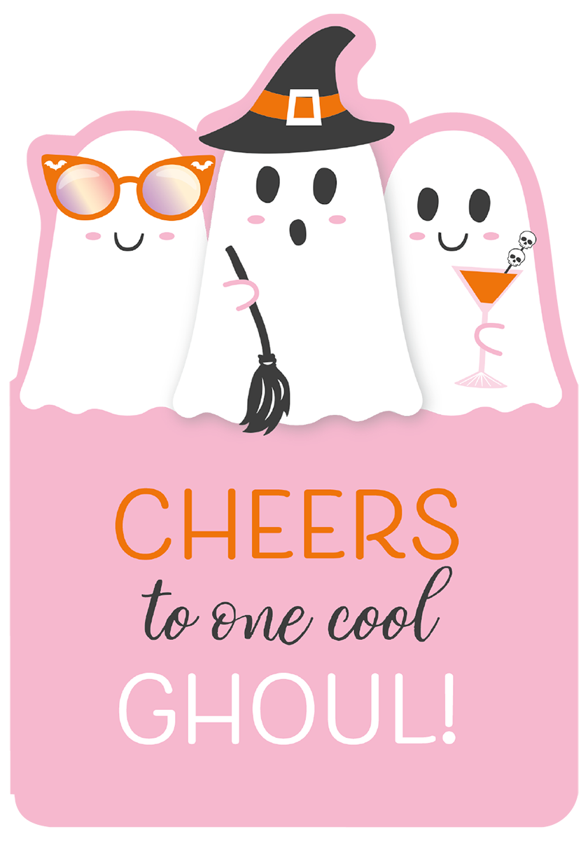 Cute Halloween greeting card front with three smiling cartoon ghosts on pink background. One ghost wears orange sunglasses, another a black witch hat and holds a broomstick, and the third sips a cocktail. Text reads 'CHEERS to one cool GHOUL!'.