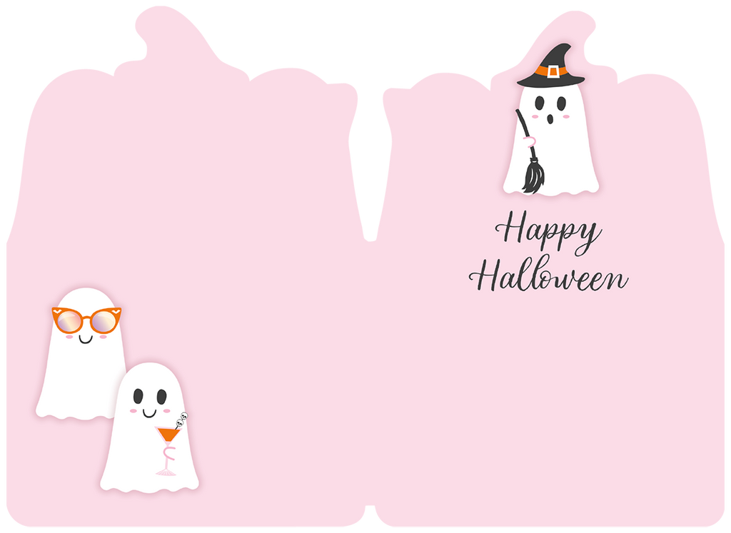 Inside of a cute Halloween greeting card featuring three small cartoon ghosts on a pink background. One ghost wears a witch hat, another orange sunglasses, and the third holds a cocktail. Script text says 'Happy Halloween'.