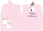 Inside of a cute Halloween greeting card featuring three small cartoon ghosts on a pink background. One ghost wears a witch hat, another orange sunglasses, and the third holds a cocktail. Script text says 'Happy Halloween'.