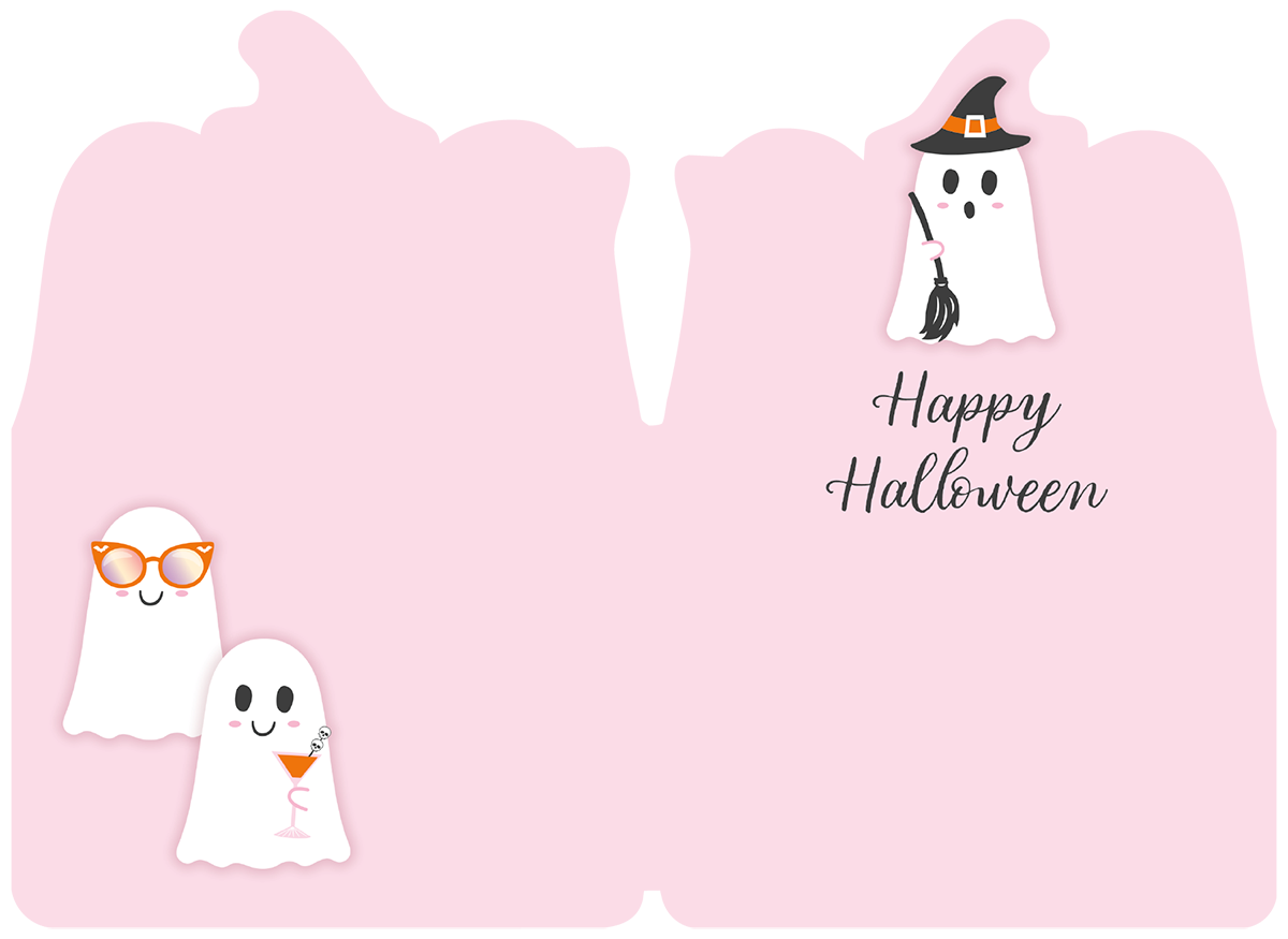 Inside of a cute Halloween greeting card featuring three small cartoon ghosts on a pink background. One ghost wears a witch hat, another orange sunglasses, and the third holds a cocktail. Script text says 'Happy Halloween'.