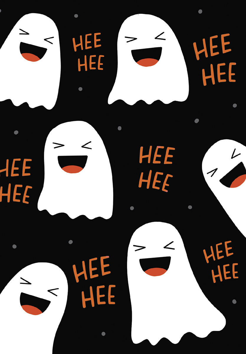 Funny ghost greeting card front featuring multiple cheerful cartoon ghosts laughing 'HEE HEE' on a black background, perfect for kids.